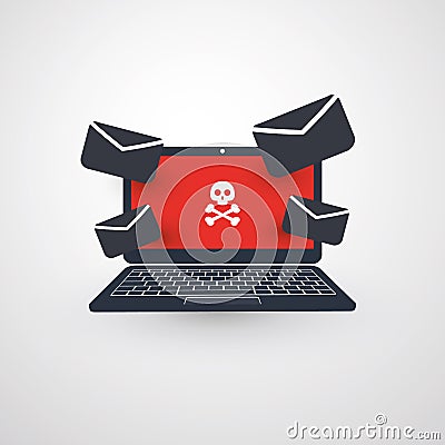 Laptop and Envelopes - Malware Infection by E-mail - Virus, Backdoor, Ransomware, Fraud, Spam, Phishing, Email Scam, Hacker Attack Vector Illustration