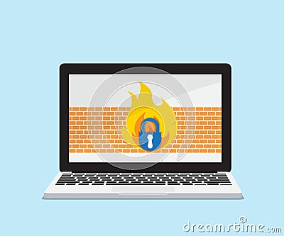 Laptop with firewall network security concept Vector Illustration