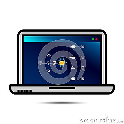 Laptop with Folder document Management Open File folder with flying blank documents with computer. Stock Photo