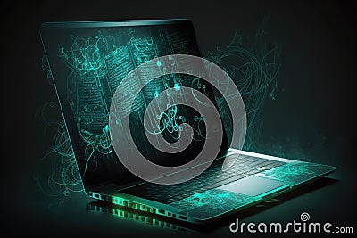 A laptop from the future that uses artificial intelligence to create music by itself. Stock Photo