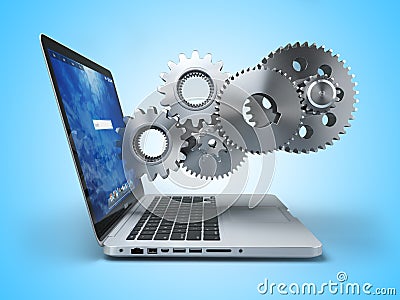 Laptop and gears. Computer technology, online support pc service Cartoon Illustration