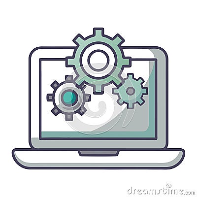 Laptop with Gears: System Configuration, Software Development, and Technical Support Vector Illustration