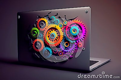 laptop with gears work for programmer Generative AI Stock Photo
