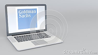 Laptop with The Goldman Sachs Group, Inc. logo. Computer technology conceptual editorial 3D rendering Editorial Stock Photo