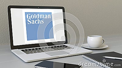 Laptop with The Goldman Sachs Group, Inc. logo on the screen. Modern workplace conceptual editorial 3D rendering Editorial Stock Photo