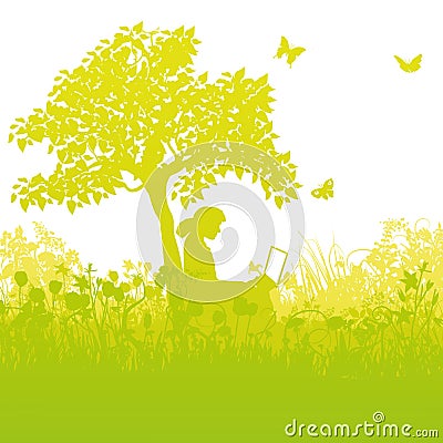 With a laptop in the grass under a tree in the garden Vector Illustration