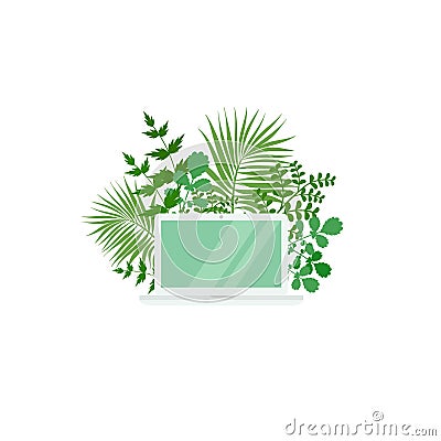 Laptop with green branches and twigs. ecology use computer Cartoon Illustration