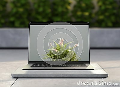 laptop on green grass laptop on grass Cartoon Illustration