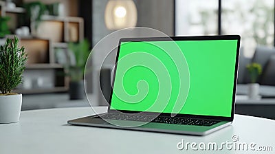 Laptop with green screen, chroma key mock up is on the table. Computer display close-up. Business mockup empty blank Stock Photo
