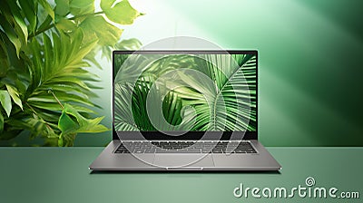 Laptop in green vegetation, representing eco friendliness in build materials Stock Photo