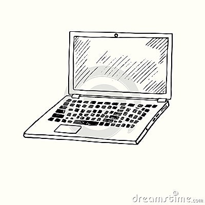 Laptop hand drawn doodle, drawing in gravure style, sketch illustration Vector Illustration