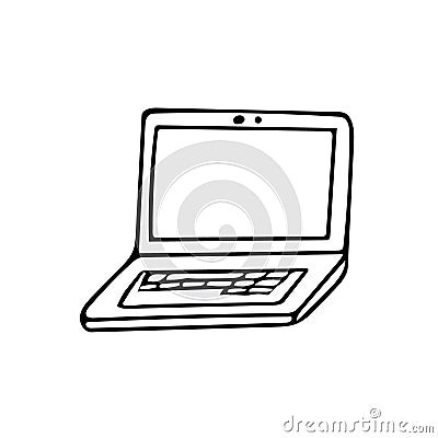 Laptop hand drawn in doodle style. Scandinavian simple monochrome. single element, icon, sticker. electronics, technology, work, Stock Photo
