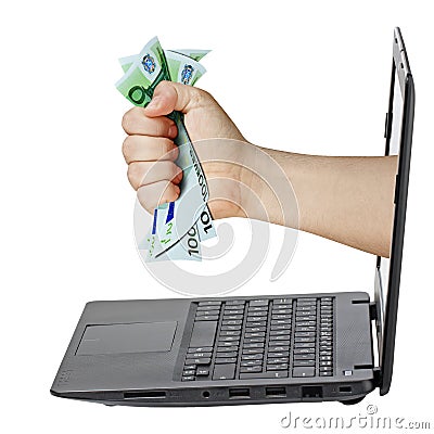 Laptop Hand Grabbing Money Euro Isolated Stock Photo