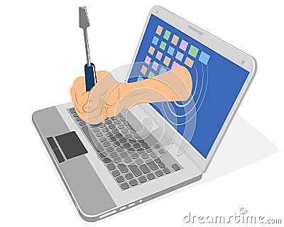 Laptop, hand and screwdriver Vector Illustration