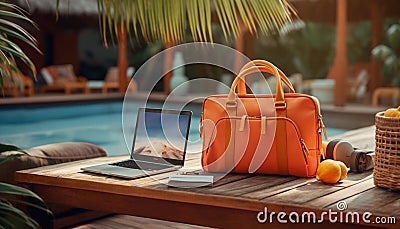 Laptop and handbag are sitting on a wooden table next to a swimming pool, AI-generated. Stock Photo