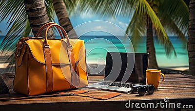 Laptop and handbag are sitting on a wooden table next to a swimming pool, AI-generated. Stock Photo