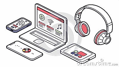 Laptop and headset, digital device, tech gear, work setup, communication, Vector Design, Generative AI Vector Illustration