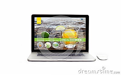 Laptop with healthy website on the screen on isolated white background, infusion diet and detox Stock Photo