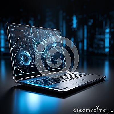 Laptop with high tech blue and white lines on screen Stock Photo