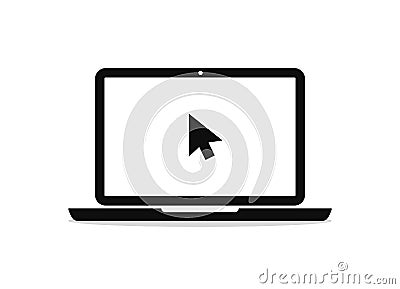 Laptop icon with arrow of mouse. Pictogram of pc with cursor on screen. Computer in flat style for click on website in internet. Vector Illustration