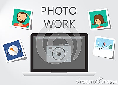 Laptop Icon on gray backgroud with photo frame. Vector Illustration