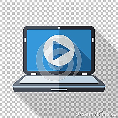 Laptop icon with play button on the screen in flat style on transparent background Vector Illustration