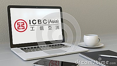 Laptop with Industrial and Commercial Bank of China ICBC logo on the screen. Modern workplace conceptual editorial 3D Editorial Stock Photo