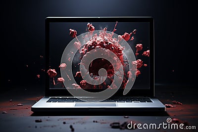 The laptop is infected with a virus, visualization of the virus in the monitor Stock Photo