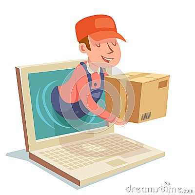 Laptop internet delivery concept box computer monitor cartoon character design vector illustration Vector Illustration
