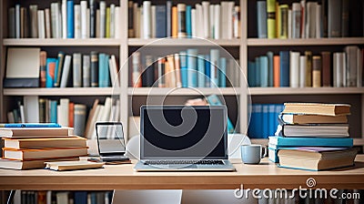 Laptop on a library table. Educational learning concept Stock Photo