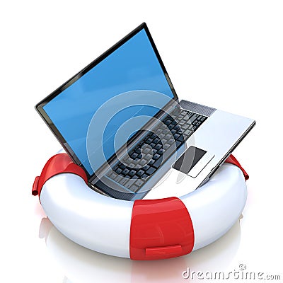 Laptop on lifebuoy over white, support, service concept Stock Photo