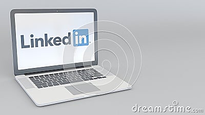 Laptop with LinkedIn logo. Computer technology conceptual editorial 3D rendering Editorial Stock Photo