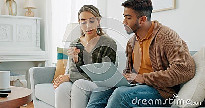 Laptop, living room and couple search website information for home investment, loan or real estate property discussion Stock Photo