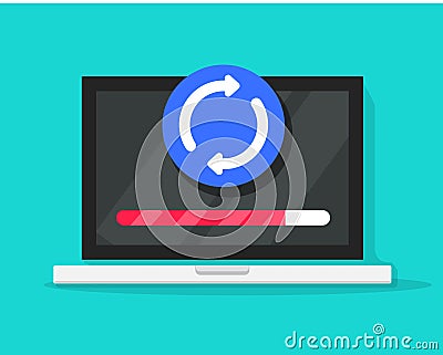 Laptop with loading icon and updating progress bar vector symbol, flat cartoon computer installation or upgrading Vector Illustration