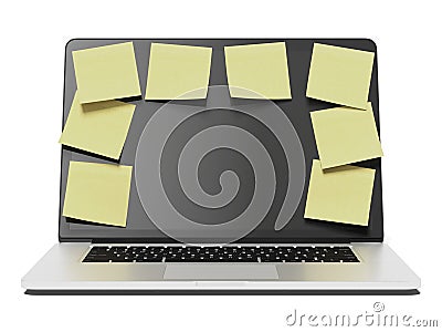Laptop with a lot of yellow stick notes Stock Photo