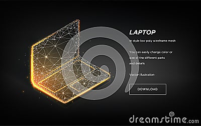 Laptop low poly wireframe on dark background.Laptop hi-tech illustration.Plexus lines and points in the constellation. Vector Vector Illustration