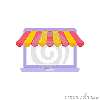 Laptop market stall with striped awning online ecommerce retail 3d icon vector illustration Vector Illustration