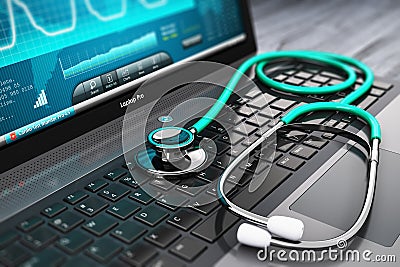 Laptop with medical diagnostic software and stethoscope Stock Photo