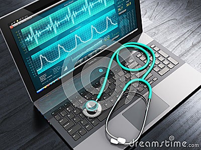 Laptop with medical diagnostic software and stethoscope Stock Photo