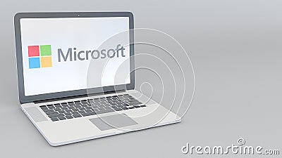 Laptop with Microsoft logo. Computer technology conceptual editorial 3D rendering Editorial Stock Photo