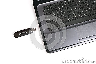 Laptop with mobile internet connection Stock Photo