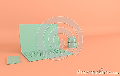 Laptop mock-up background in modern minimal style. Notebook, smartphone and cactus 3d render. Technology gadget concept Stock Photo
