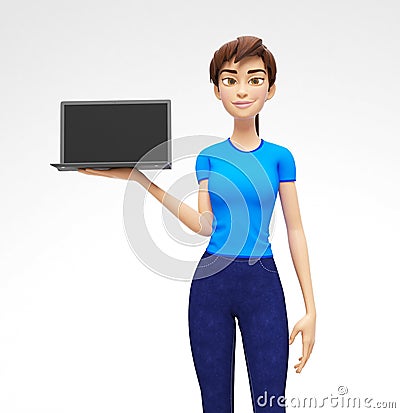 Laptop Mockup With Blank Screen Held by Smiling and Happy Jenny - 3D Cartoon Female Character in Casual Clothes Stock Photo