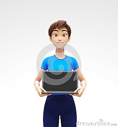 Laptop Mockup With Blank Screen Held by Smiling and Happy Jenny - 3D Cartoon Female Character in Casual Clothes Stock Photo