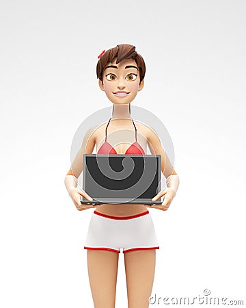 Laptop Mockup With Blank Screen Held by Smiling and Happy Jenny - 3D Cartoon Female Character in Swimsuit Bikini Stock Photo