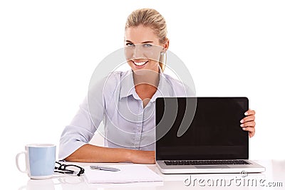 Laptop mockup, portrait and businesswoman in studio, white background and isolated for advertising space. Happy worker Editorial Stock Photo