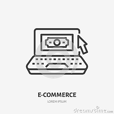 Laptop with money and mouse pointer flat line icon. Pay per click sign. Thin linear logo for financial services, e Vector Illustration