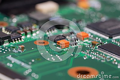 Laptop motherboard closeup. Printed circuit Board with SMD components. Stock Photo