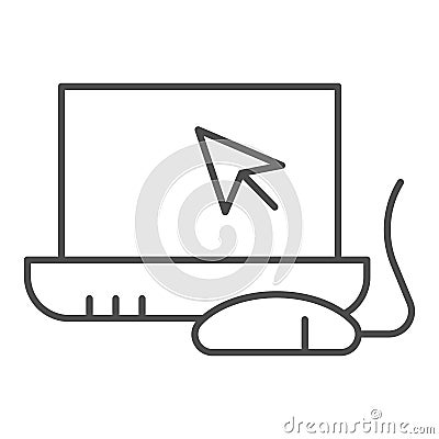 Laptop and mouse thin line icon. Notebook monitor with cursor and mouse. Computer science vector design concept, outline Vector Illustration