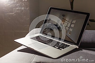 Laptop with news website in screen on table in business office, corporate lounge or hotel lobby. Company wireless wifi Editorial Stock Photo